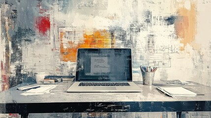 Poster - Laptop on a modern desk with startup sketches and charts, representing innovation, ample copy space