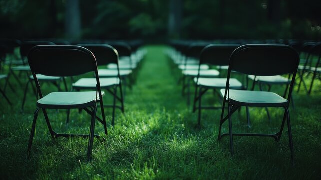 Outdoor event setup with empty folding chairs on green grass during spring season