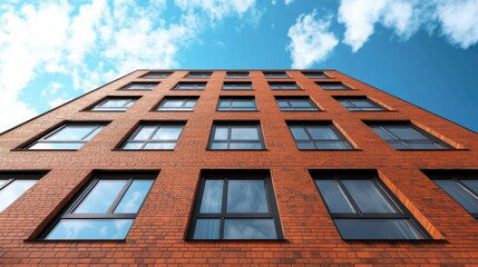 Aufkleber - Minimalist brick facade with geometric windows, spacious sky view