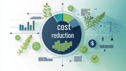 Poster - The image illustrates the concept of cost reduction with charts, graphs, and eco-friendly symbols, highlighting financial efficiency and sustainable practices.
