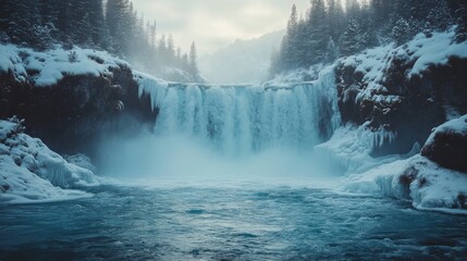 Poster - A breathtaking waterfall tumbles down into a clear river, framed by snow-dusted trees. The winter landscape creates a serene and peaceful atmosphere.