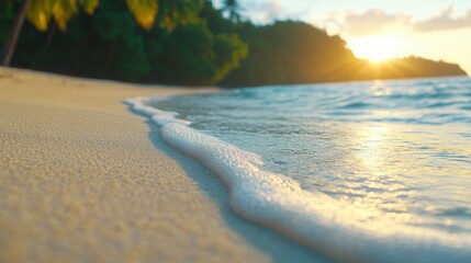 Poster - Sunset waves gently caress a tropical beach, creating a serene and picturesque scene, AI