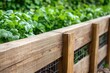 © Anat art - The sturdy wooden fence surrounds flourishing garden beds filled with vibrant green plants, showcasing an inviting outdoor space. Generative AI