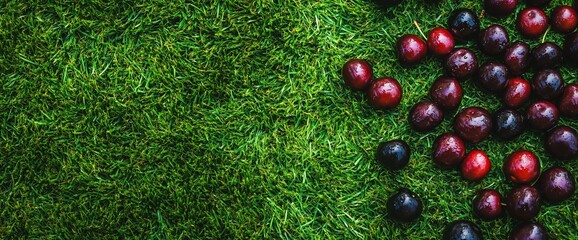 Wall Mural - Red and Black Cherries on Green Grass.