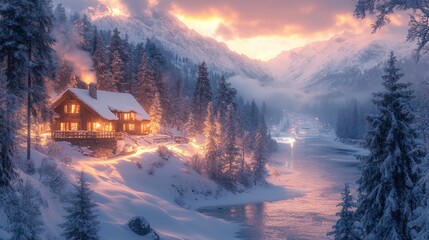 Aufkleber - A charming wooden cabin glows with warm lights amidst a snowy forest. Majestic mountains rise in the background as twilight descends, reflecting on a peaceful river.