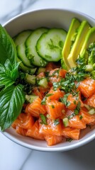 Wall Mural - Fresh salmon tartare with avocado and cucumber garnish for gourmet cooking inspiration