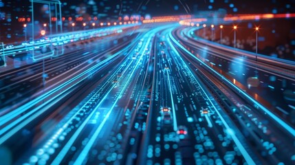 Poster - Futuristic highway at night showing self driving cars moving along the road with digital elements representing data exchange and artificial intelligence