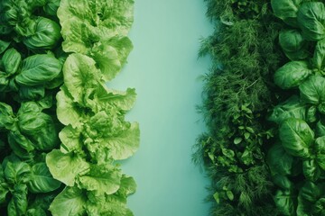 Poster - Fresh lettuce, fragrant dill, and vibrant basil are neatly arranged against a turquoise background, showcasing their rich colors and textures. Generative AI