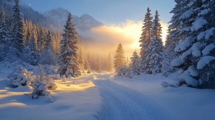 Poster - Snow blankets the ground and trees in a tranquil forest as the sun rises, casting golden light through the branches. The path invites exploration.