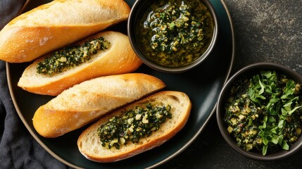 Wall Mural - Flat lay of freshly baked french baguettes with herb pesto