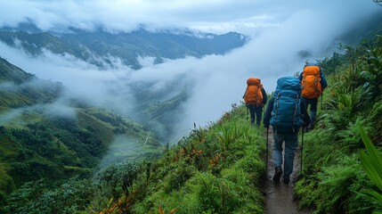 Poster - Two hikers ascend a verdant path surrounded by clouds, rich foliage, and mountain vistas in the early hours of the day near Peru's highlands.