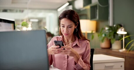 Poster - Texting, online and woman with smartphone, reading and communication with contact, website or creative. Typing, digital and person with mobile for business, event planner or social media for research