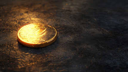 Poster - gold coin shines brightly on dark textured surface, creating striking contrast. gleaming effect highlights its details, evoking sense of value and allure