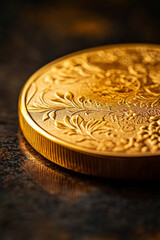 Poster - close up of gold coin featuring intricate designs on dark surface, showcasing its detailed craftsmanship and shine. warm tones evoke sense of luxury and value