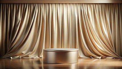 display podium with silk curtain and wood pedestal for luxury cosmetic product presentation stand , beauty, cosmetic, product