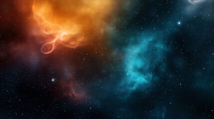 Wall Mural - vibrant space scene with colorful nebulae in orange and blue hues, scattered stars, and a dark cosmi