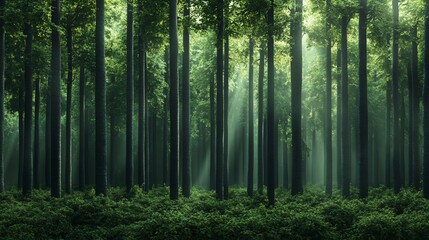 Sunbeams pierce through a dense forest, illuminating the lush foliage on the forest floor.