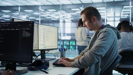 Poster - portrait of smiling engineer inspecting server rows in data center. happy man supervising supercompu