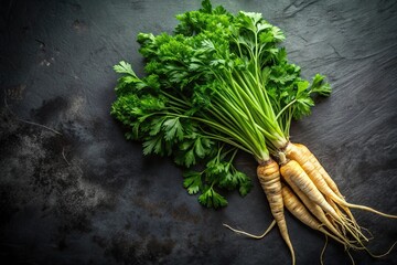 Fresh parsley root and greens