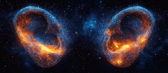 Two glowing, swirling, cosmic orbs, one blue and orange, one orange and blue, against a dark, starry sky.