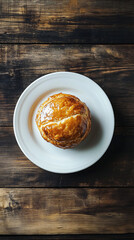 Wall Mural - Freshly baked golden puff pastry bun is lying on white plate on wooden table, top view