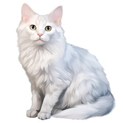  A fluffy white cat sitting gracefully with a curious expression against a transparent background