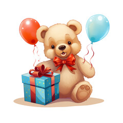 Wall Mural - A cheerful bear holds balloons and sits beside a colorful gift box in a festive celebration