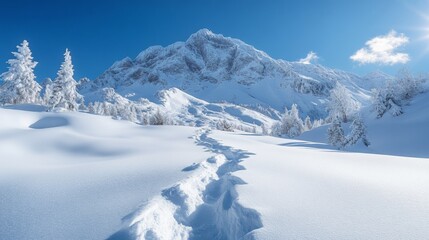 Poster - A breathtaking winter landscape features towering snow-capped mountains under a bright blue sky. Fresh tracks lead through the crisp, white snow amidst frost-laden trees.
