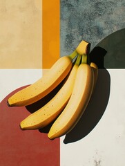 Aufkleber - Three vibrant bananas rest on a textured background featuring playful geometric shapes in various colors, creating a lively contrast. Generative AI