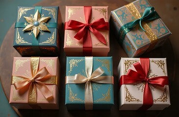 Colorful gift boxes with decorative ribbons arranged beautifully. 