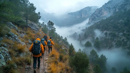 Poster - A group of hikers navigates a winding trail in a misty mountain landscape, with tall trees and rocky formations bathed in soft morning light.