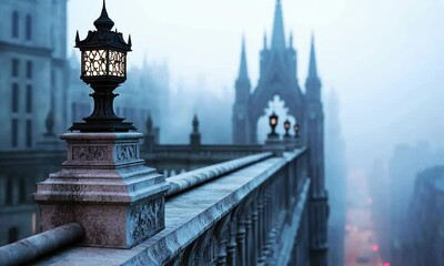 Sticker - A lone street lamp on a stone walkway with foggy city in the background.