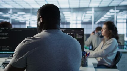 Poster - system administrator working in computer network security data center listening music. african ameri