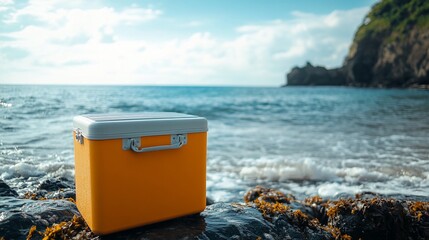 Wall Mural - A yellow cooler sits on a rocky beach with ocean and sky in the background.