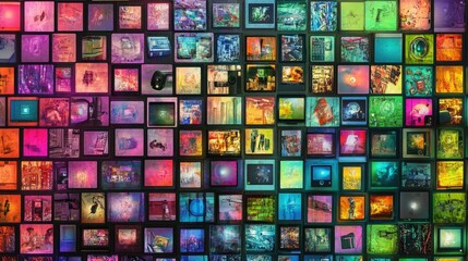 Poster - Abstract wall of streaming channels, vibrant colors and entertainment images in grid style
