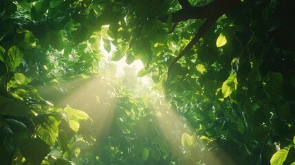 Poster - Bright green leaves above with sunlight filtering through, creating a serene, natural canopy