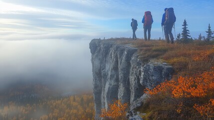 Poster - Three hikers stand at the edge of a steep cliff, overlooking a fog-covered valley filled with vibrant autumn foliage under a clear sky.
