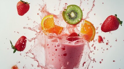 Poster - Colorful smoothie splash with strawberries, orange slices, and kiwi, isolated against a bright white backdrop