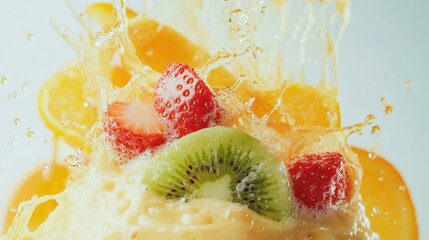 Poster - Colorful smoothie splash with strawberries, orange slices, and kiwi, isolated against a bright white backdrop