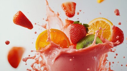 Poster - Colorful smoothie splash with strawberries, orange slices, and kiwi, isolated against a bright white backdrop