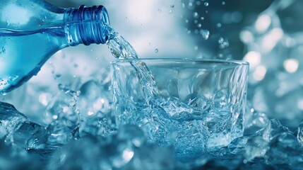 Poster - Crystal-clear water spilling from a blue bottle into a transparent glass, surrounded by fresh blue hues