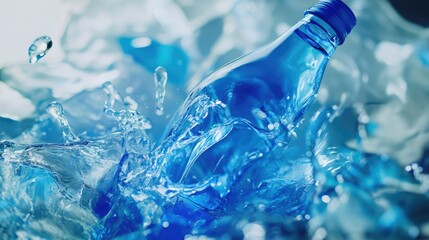 Poster - Crystal-clear water spilling from a blue bottle into a transparent glass, surrounded by fresh blue hues