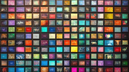 Poster - Digital streaming wall, grid of channels with vibrant images, abstract entertainment background