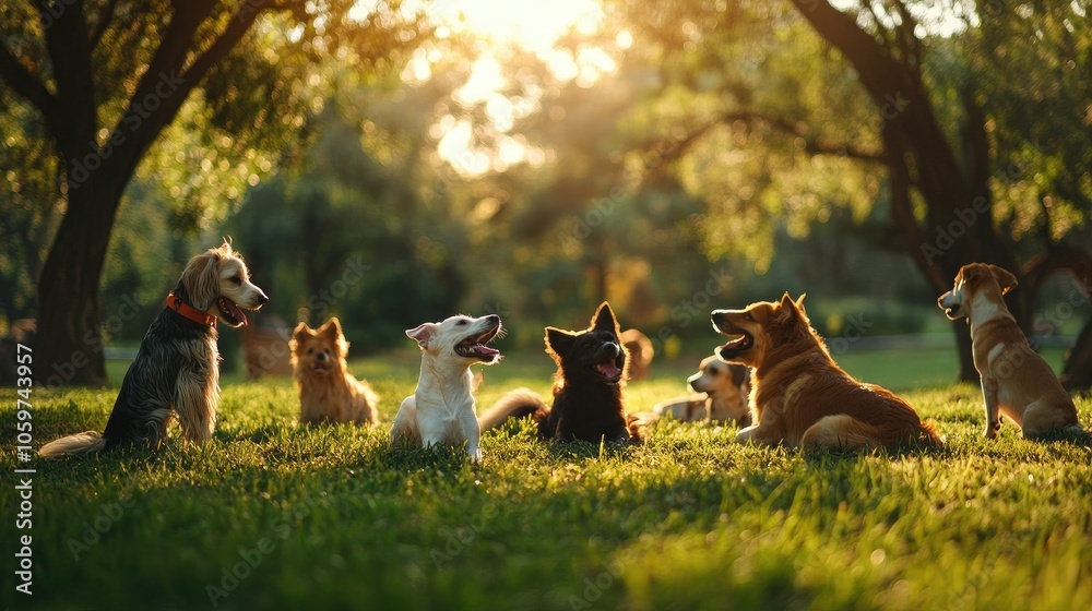 Group of dogs of different breeds playing together at a dog park with a ...