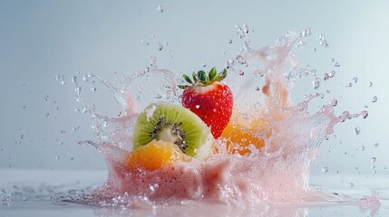 Poster - High-speed capture of a smoothie splash with fruits including strawberry, orange, and kiwi on white