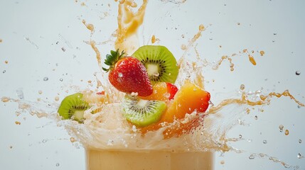 Poster - High-speed capture of a smoothie splash with fruits including strawberry, orange, and kiwi on white