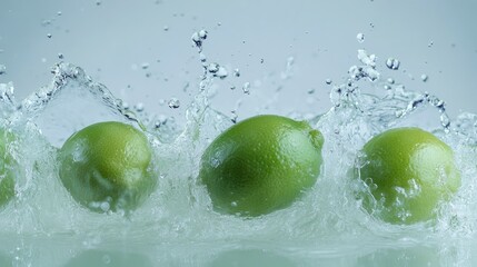 Poster - Limes and water splash frozen mid-motion on white, vibrant green citrus with sharp water details, refreshing and dynamic