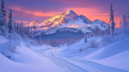 Poster - The scene captures a stunning winter sunset with vibrant colors illuminating snow-covered mountains and a winding road through tall evergreens, creating a peaceful winter atmosphere.