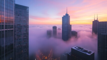 Wall Mural - A misty city skyline at dawn reveals tall buildings enveloped in soft pastel colors and fog for a serene morning ambiance