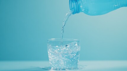 Poster - Perfectly clear water stream pouring into a glass from a blue plastic bottle, framed against a serene blue background